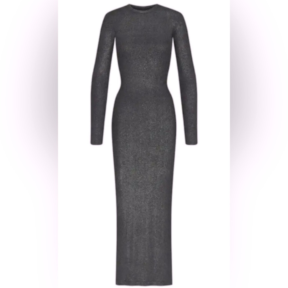 NWT SKIMS Onyx Foil Long Sleeve Crew Neck Maxi Dress